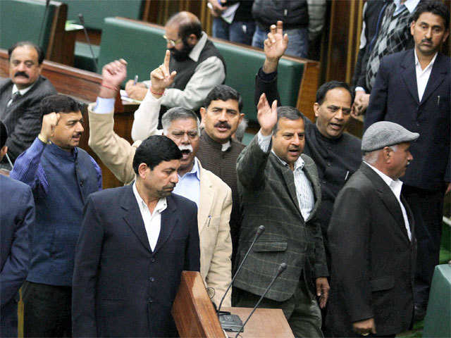 BJP MLAs shouting slogans during a protest in J&K Assembly