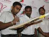 Lanka cricketers attend news conference in Mumbai