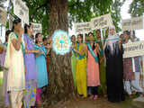 Volunteers tying Rakhi to tree stem