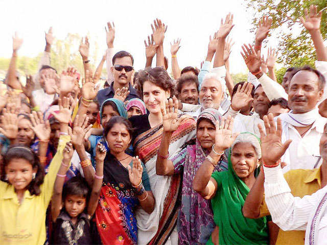 Priyanka Vadra meets people during an election campaign in Raebareli