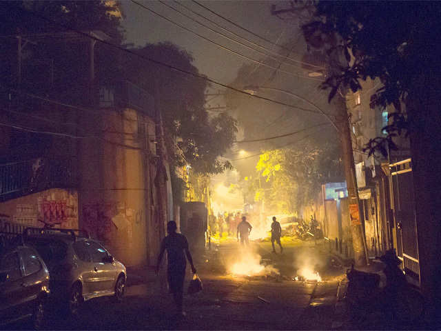 Burning barricades during clashes in Rio de Janeiro