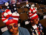 Convention goers wear patriotic headwear