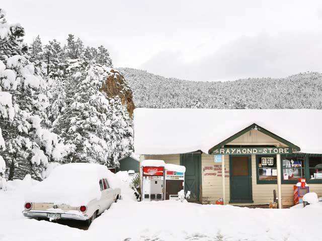 Fresh snow covers closed general store