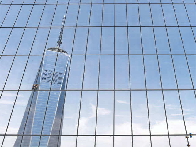 One WTC is reflected in the side of 4 WTC (World Trade Center) during a media tour