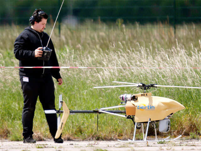 A Hovereye-Ex drone during an exhibition at Bretigny-sur-Orge, near Paris