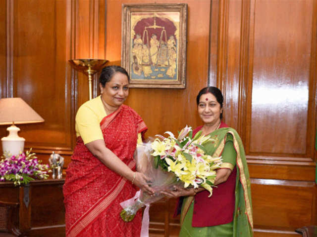 Sushma Swaraj greeted by Sujatha Singh