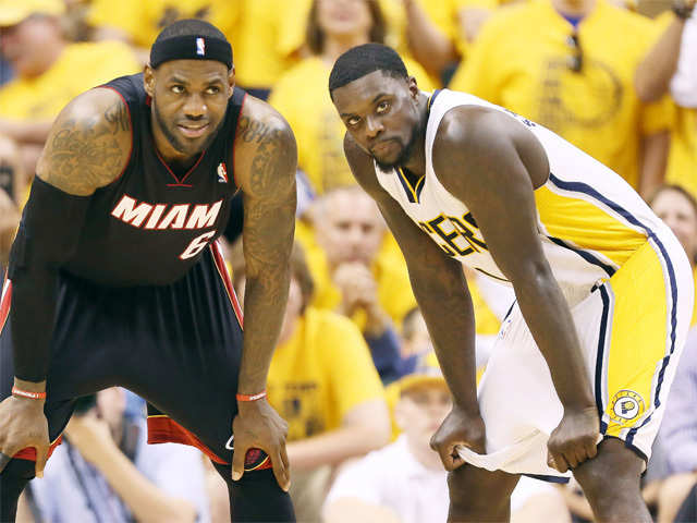 LeBron James guards Indiana Pacer's Lance Stephenson