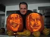 McMahon poses with carved pumpkins