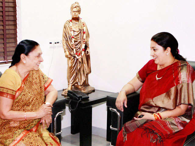 HRD minister Smriti Irani with Gujarat CM Anandiben Patel in Gandhinagar.