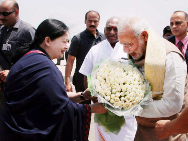 Modi greeted by Jayalalithaa