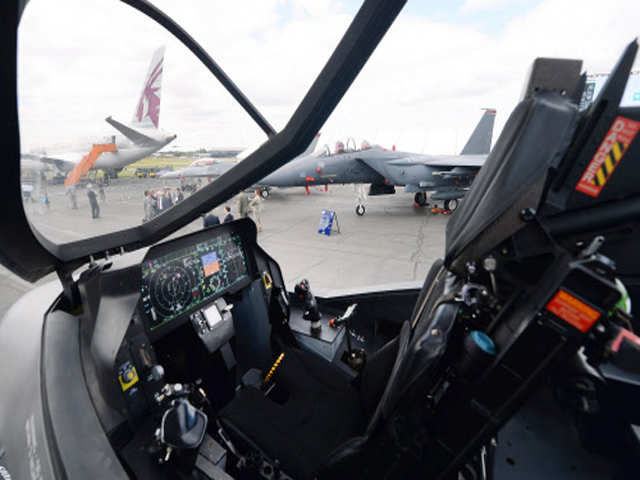 Cockpit of a replica of the US F-35