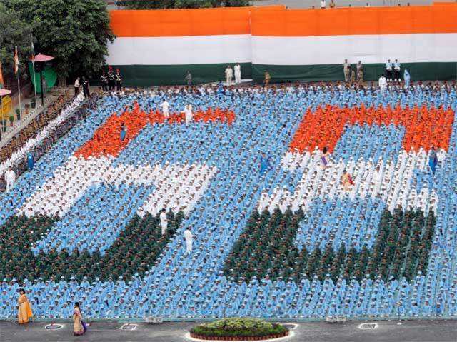 Colourful formation by children on 68th I-Day celebrations