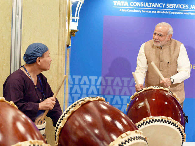 Prime Minister Narendra Modi beating a traditional Taiko drum