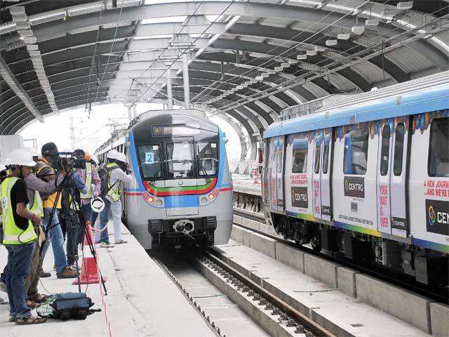 Metro train at trial run in Hyderabad