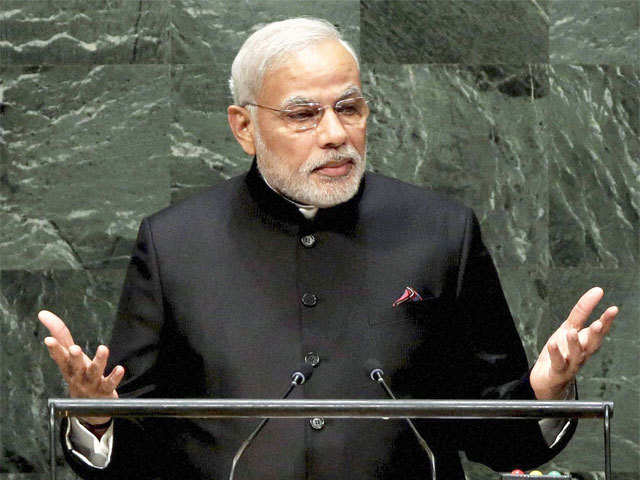 PM Modi gestures while addressing the 69th session of the UNGA