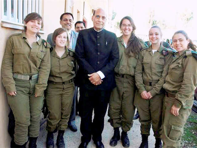 Rajnath Singh with female soldiers in Israel