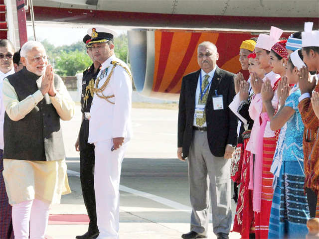 PM Narendra Modi being greeted on his arrival