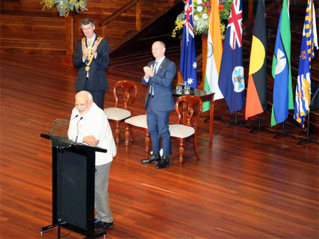 PM Modi addresses audience at City Hall in Brisbane