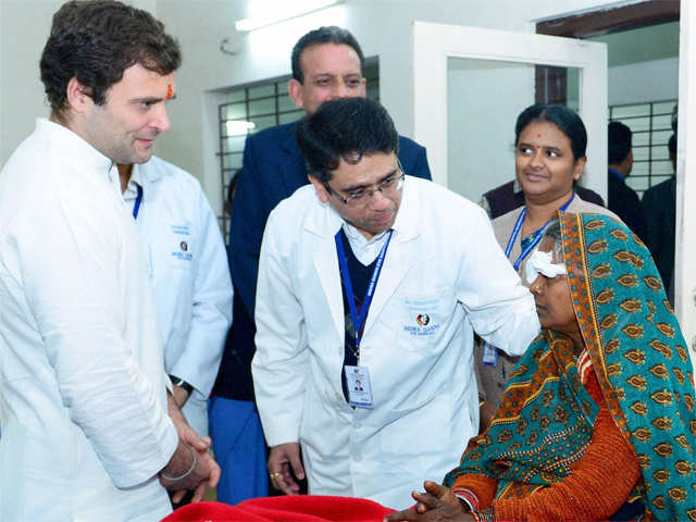 Rahul Gandhi interacts with a patient at Indira Gandhi Eye Hospital