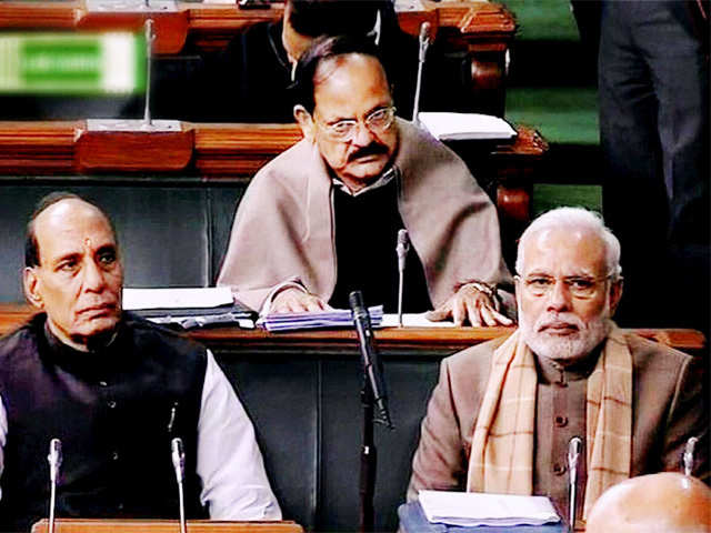 PM Modi with Rajnath Singh in parliament