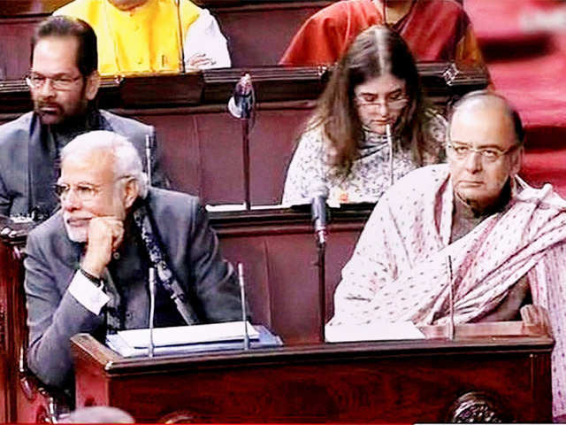 PM Modi with Arun Jaitley in Rajya Sabha