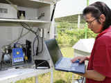 Researcher checks radiation levels at radiation research center