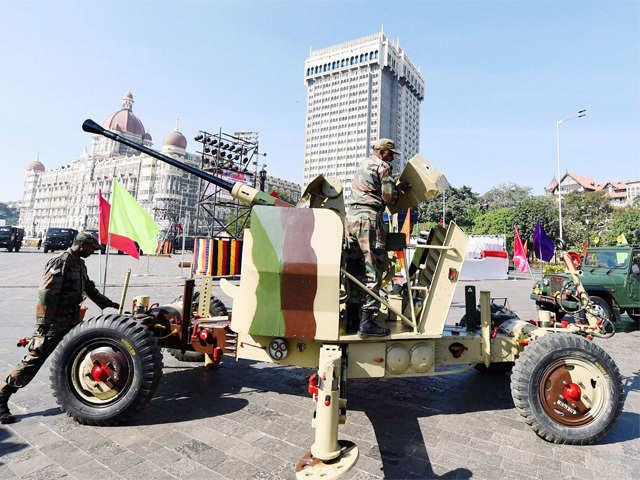 Army men display Indian army equipments