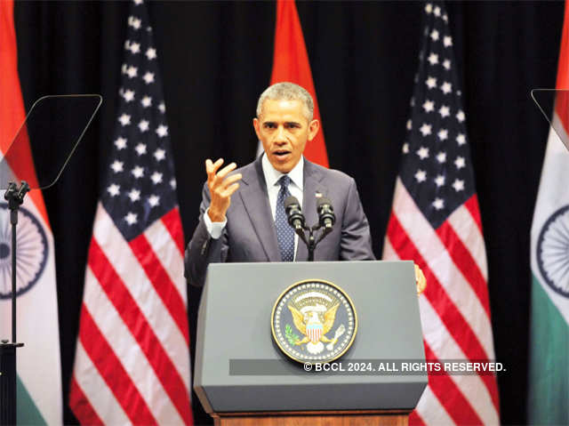 Obama addresses gathering at Siri Fort Auditorium