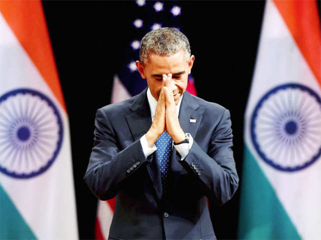 Obama folds hands at Siri Fort Auditorium