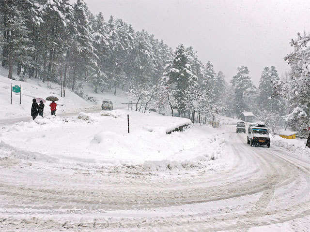 Passenger vehicles moving on the snow covered Gulmarg road