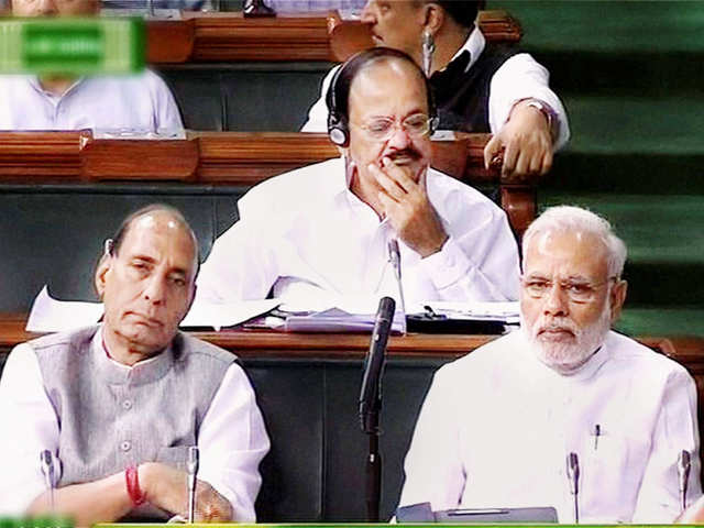 PM Narendra Modi and Rajnath Singh in Lok Sabha