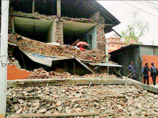 The debris of a collapsed building after a powerful earthquake