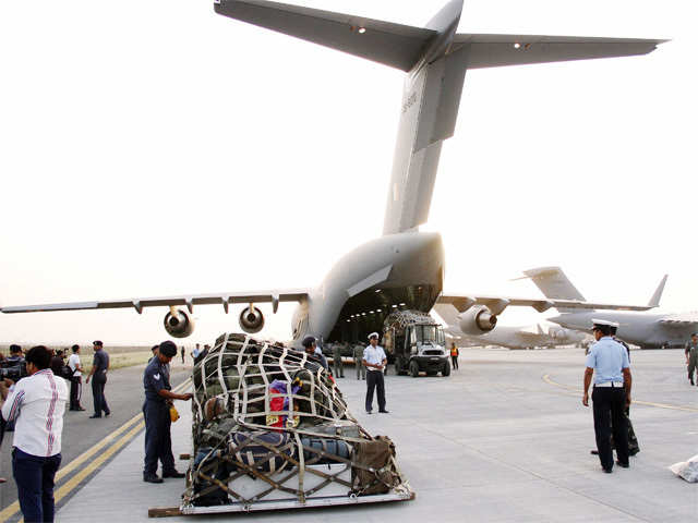 Relief material is loaded into an Indian Air Force aircraft