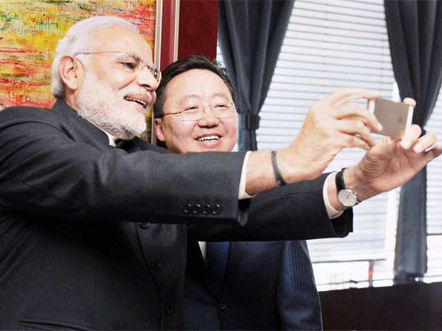 PM Modi taking selfie with President of Mongolia
