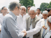 Mufti Mohammad Sayeed and Omar Abdullah greet each other on Eid at Hazratbal Shrine