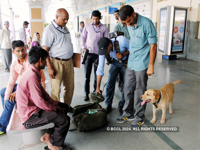 Bomb squad with a sniffer dog conducts an operation