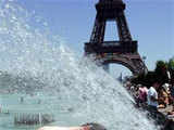 A boy cools down in the fountains