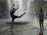 School students practice in a fountain