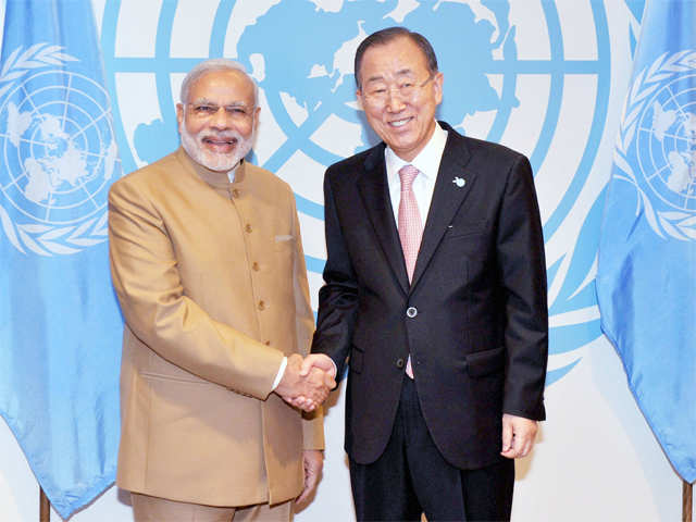 PM Modi shakes hands with Ban Ki-moon