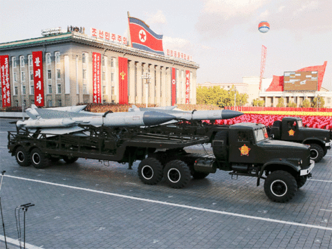 Missiles are displayed on trucks