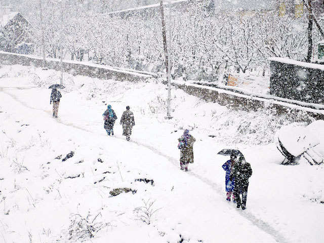 People walk in heavy snowfall