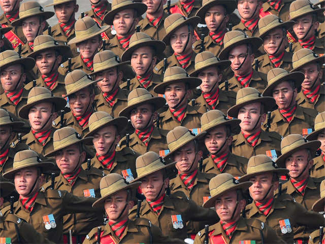 A marching contingent of soldiers