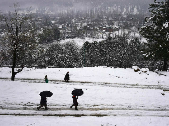 ​People walk with umbrellas during snowfall