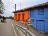 Villagers in front of decorated houses