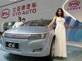 Models pose next to a Chinese BYD E6 car