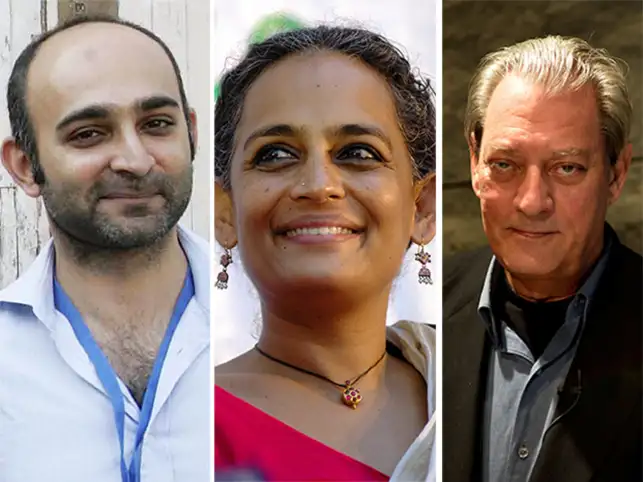 Left to right: Mohsin Hamid, Arundhati Roy, Paul Auster. Left to right: Mohsin Hamid, Arundhati Roy, Paul Auster.