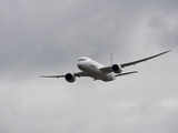 The Boeing 787 Dreamliner aircraft performs a flypast over the runway