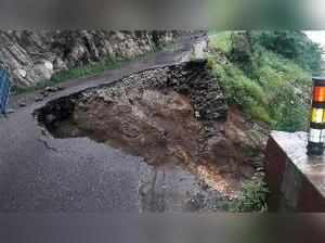 Uttarkashi: The damaged road at Gangnani due to heavy rains in Uttarkashi distri...