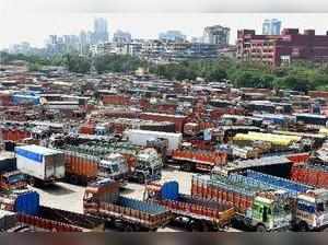 Navi Mumbai: Trucks are seen parked during truck operators strike over GST (Good...