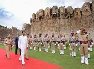 Hyderabad: Telangana Chief Minister K Chandrasekhar Rao reviewing parade during ...